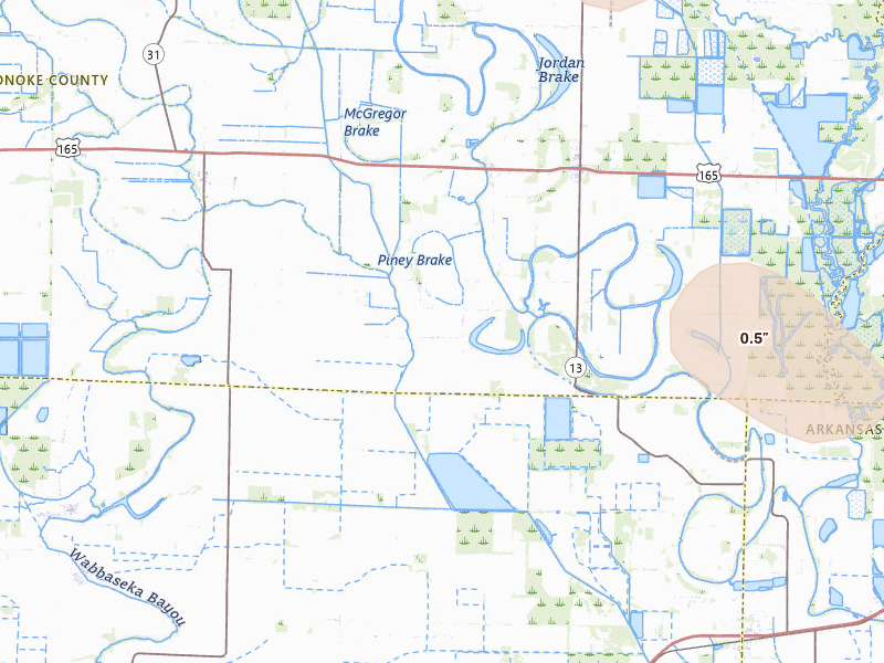 Radar-estimated hail-size map of the storm over Humnoke, AR on May 10, 2026