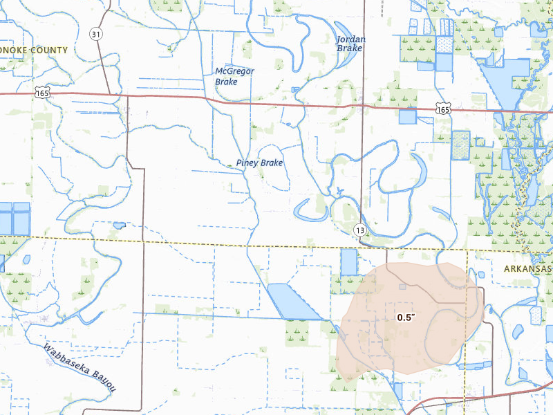 Radar-estimated hail-size map of the storm over Humnoke, AR on Jul 29, 2026