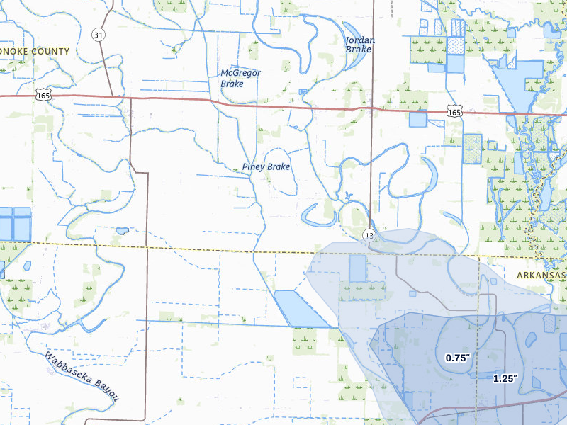 NEXRAD radar-signature map of the hail storm over Humnoke, AR on Jul 29, 2026