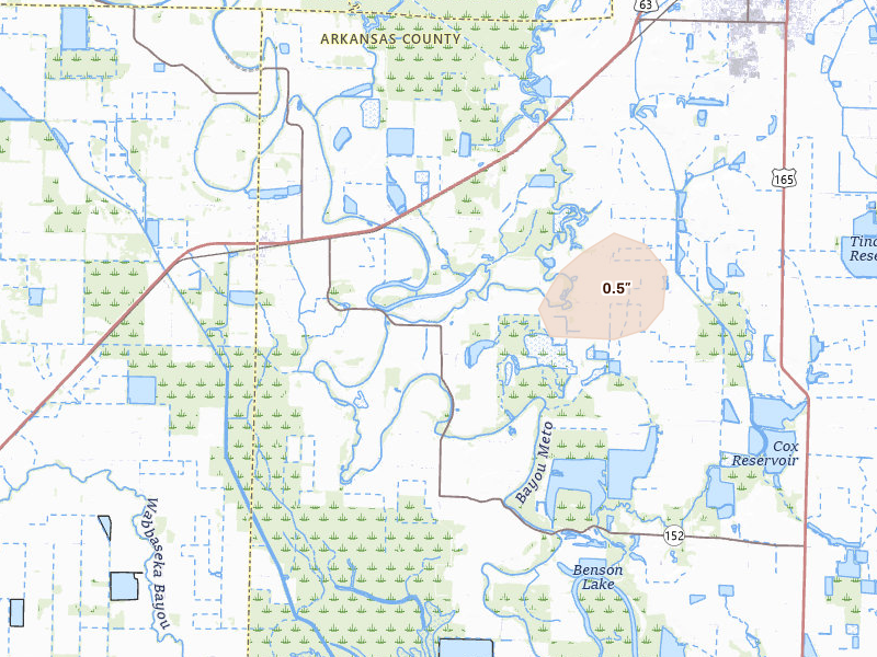 Radar-estimated hail-size map of the storm over Humphrey, AR on Jul 11, 2026