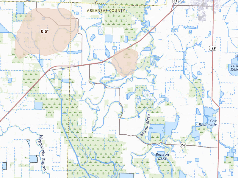 Radar-estimated hail-size map of the storm over Humphrey, AR on Jul 29, 2026