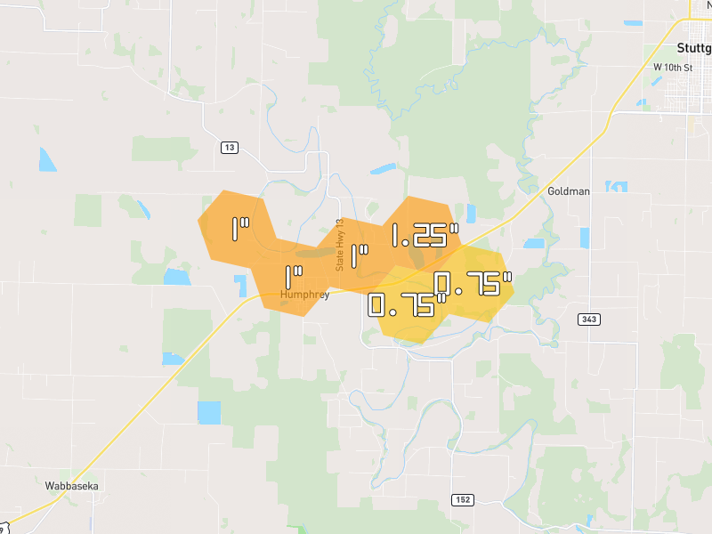 Hail map of Humphrey, AR on Jul 29, 2026, hail up to 1.25"
