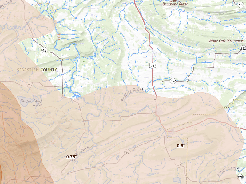 Radar-estimated hail-size map of the storm over Huntington, AR on Apr 25, 2026