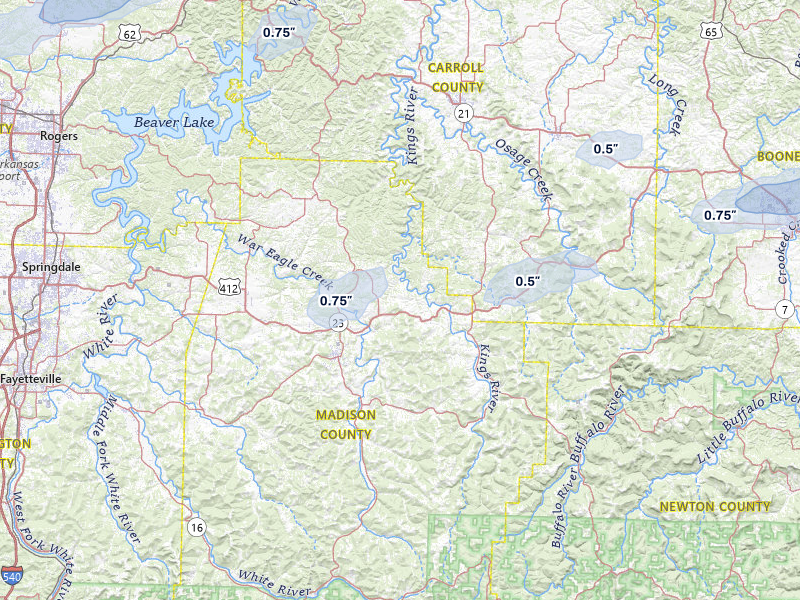 NEXRAD radar-signature map of the hail storm over Huntsville, AR on Mar 4, 2026