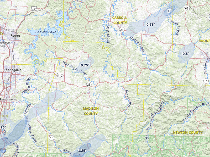 NEXRAD radar-signature map of the hail storm over Huntsville, AR on Mar 6, 2026