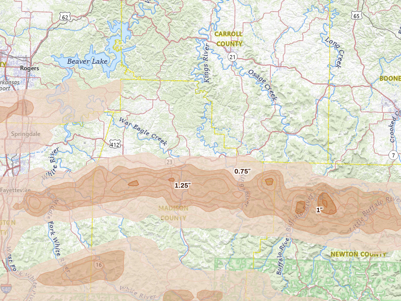 Radar-estimated hail-size map of the storm over Huntsville, AR on Apr 28, 2026
