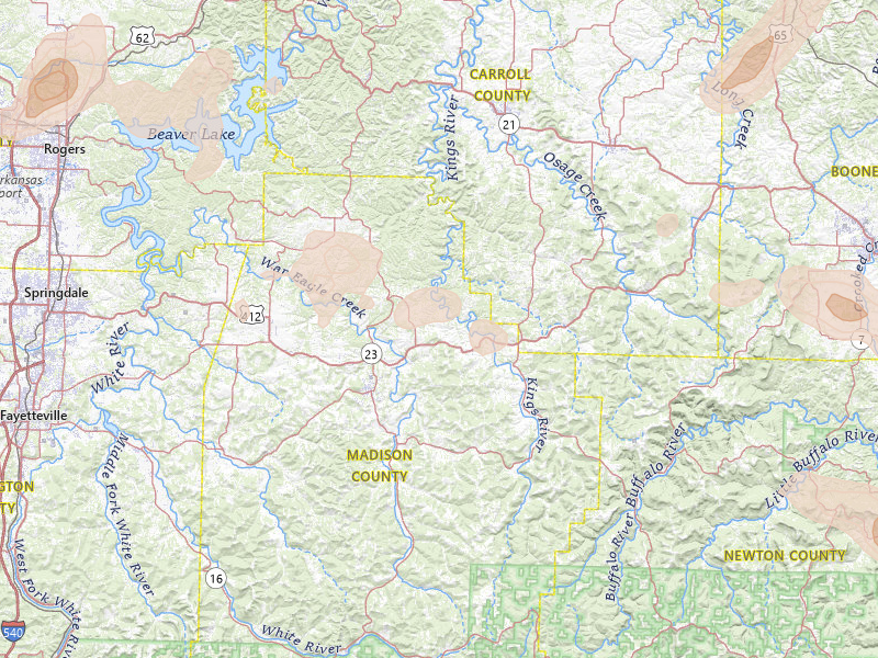 Radar-estimated hail-size map of the storm over Huntsville, AR on May 30, 2026