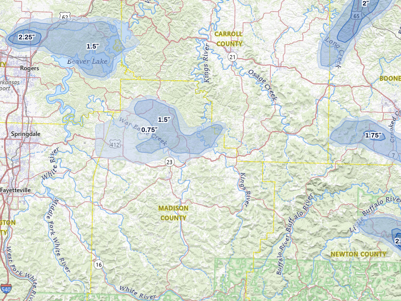 NEXRAD radar-signature map of the hail storm over Huntsville, AR on May 30, 2026