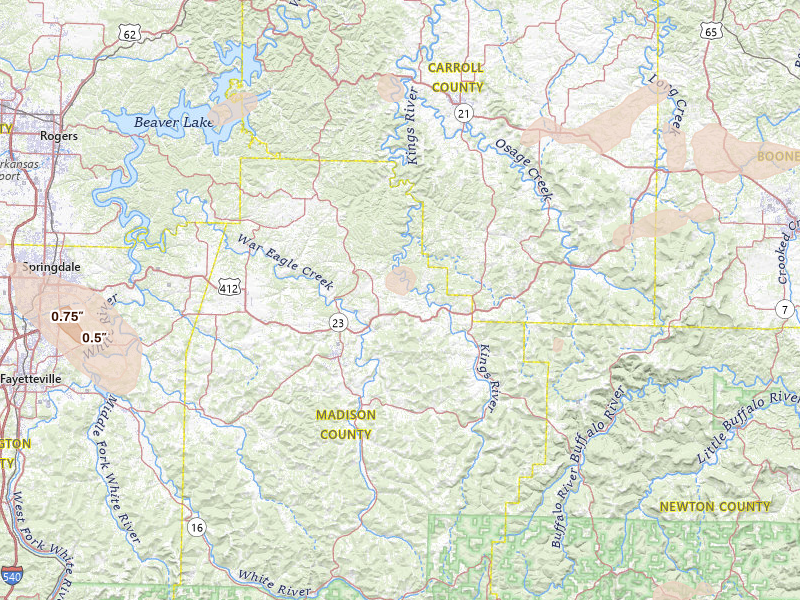 Radar-estimated hail-size map of the storm over Huntsville, AR