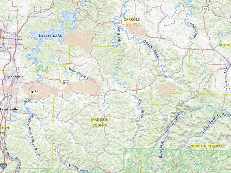Radar-estimated hail-size map of the storm over Huntsville, AR on Jul 11, 2026