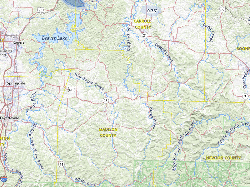 NEXRAD radar-signature map of the hail storm over Huntsville, AR on Aug 6, 2026