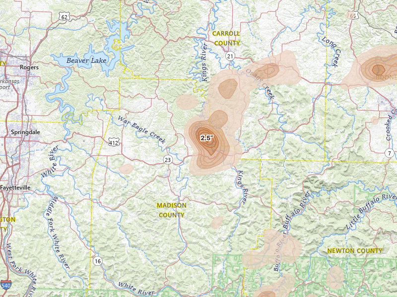 Radar-estimated hail-size map of the storm over Huntsville, AR on Aug 7, 2026