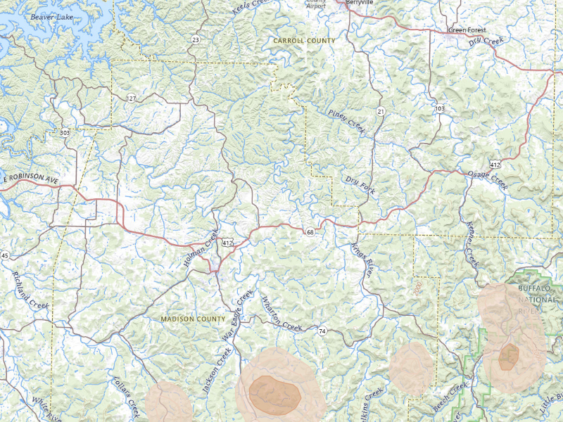 Radar-estimated hail-size map of the storm over Huntsville, AR on Aug 26, 2026