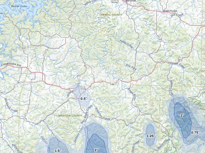 NEXRAD radar-signature map of the hail storm over Huntsville, AR on Aug 26, 2026