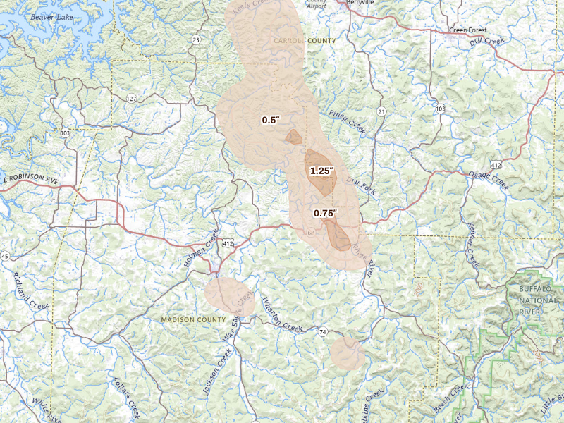 Radar-estimated hail-size map of the storm over Huntsville, AR