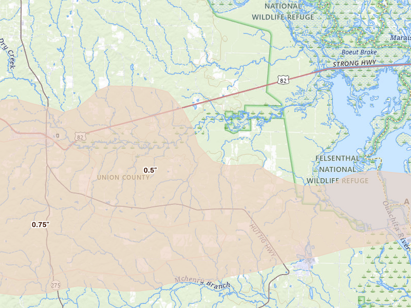 Radar-estimated hail-size map of the storm over Huttig, AR on Mar 15, 2026