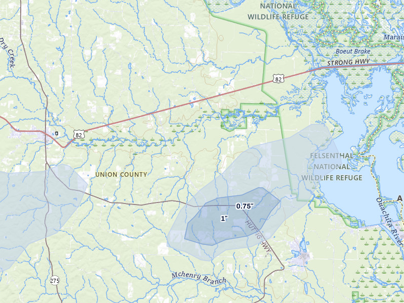 NEXRAD radar-signature map of the hail storm over Huttig, AR on Apr 28, 2026