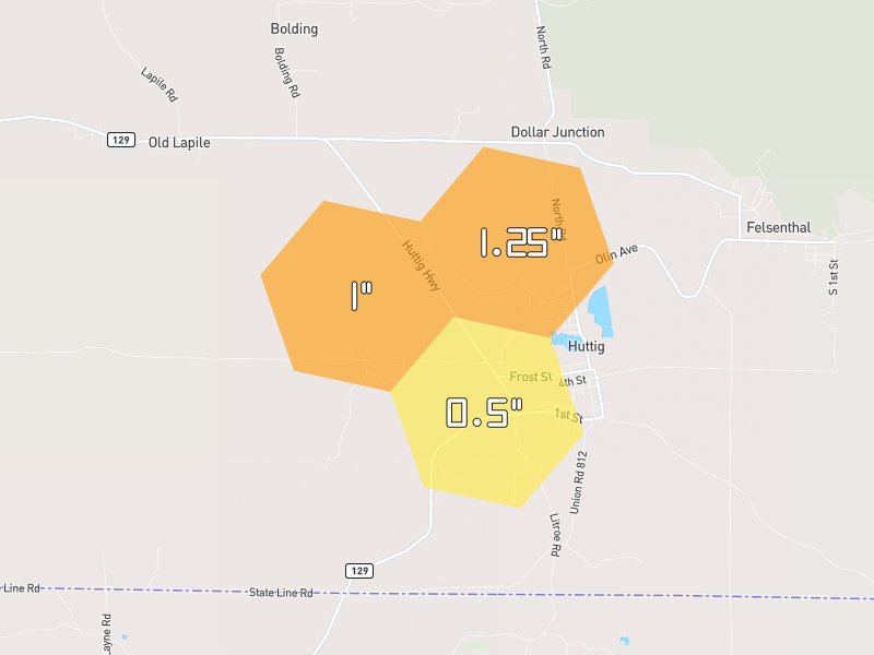 Hail map of Huttig, AR on Jul 4, 2026, hail up to 1.25"