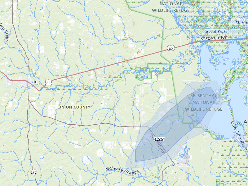 NEXRAD radar-signature map of the hail storm over Huttig, AR on Jul 6, 2026