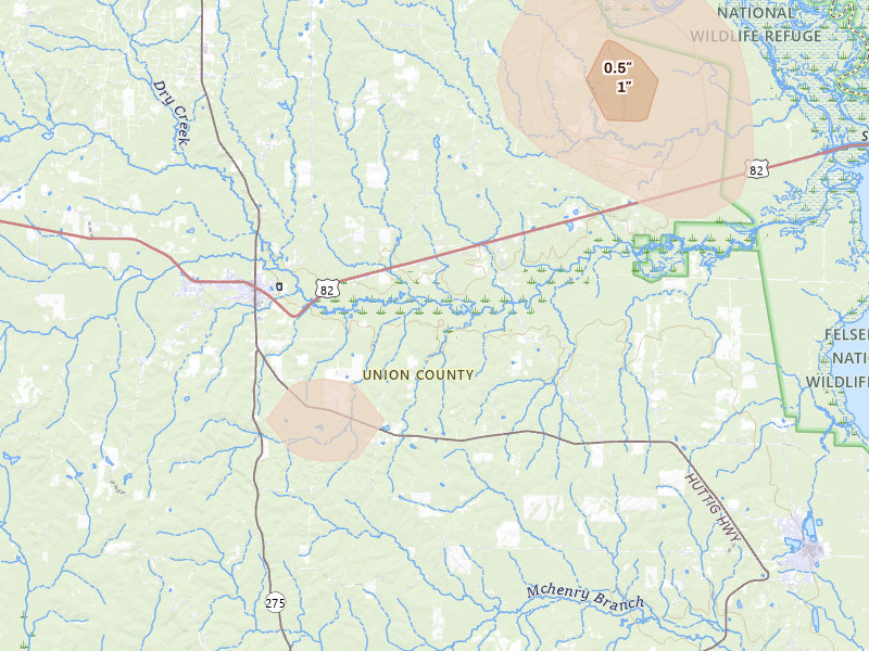 Radar-estimated hail-size map of the storm over Huttig, AR on Aug 20, 2026