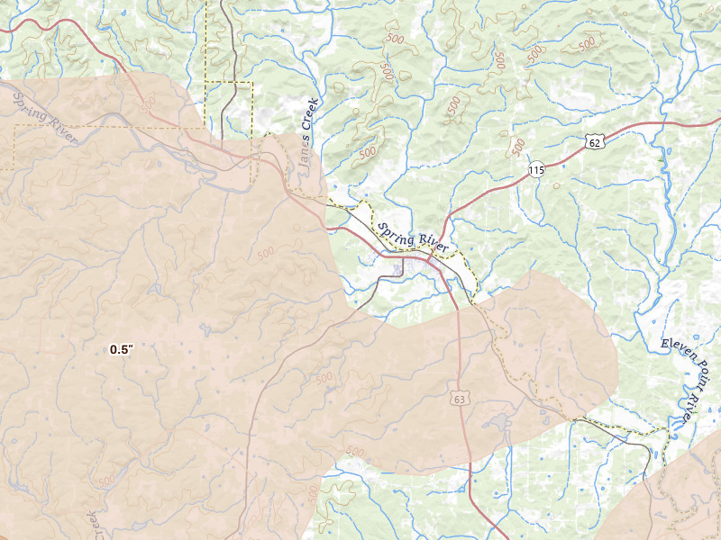 Radar-estimated hail-size map of the storm over Imboden, AR on Apr 27, 2026