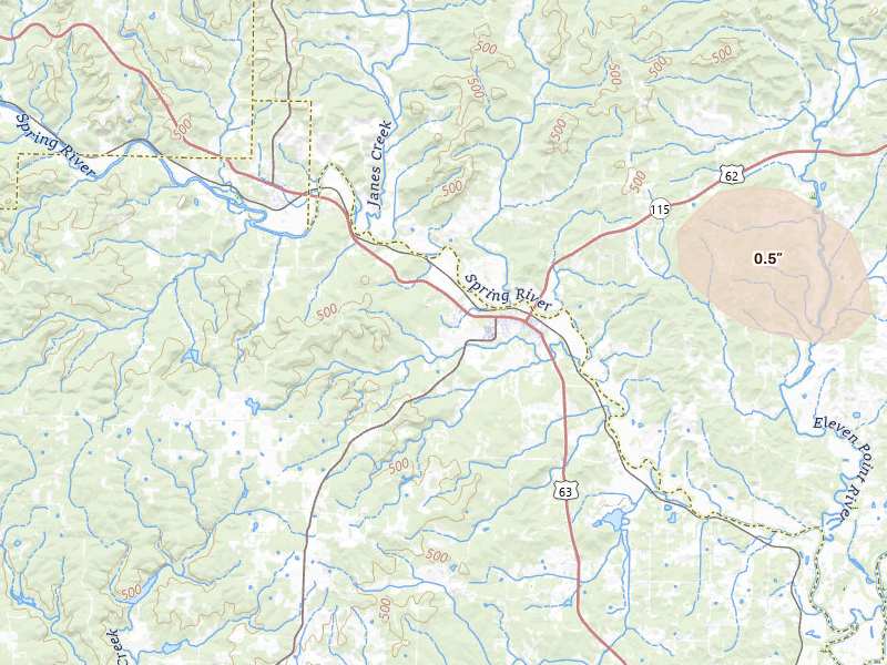 Radar-estimated hail-size map of the storm over Imboden, AR on Jul 20, 2026