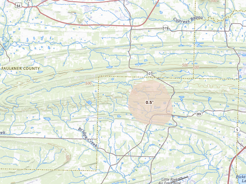 Radar-estimated hail-size map of the storm over Jacksonville, AR on Jun 1, 2026