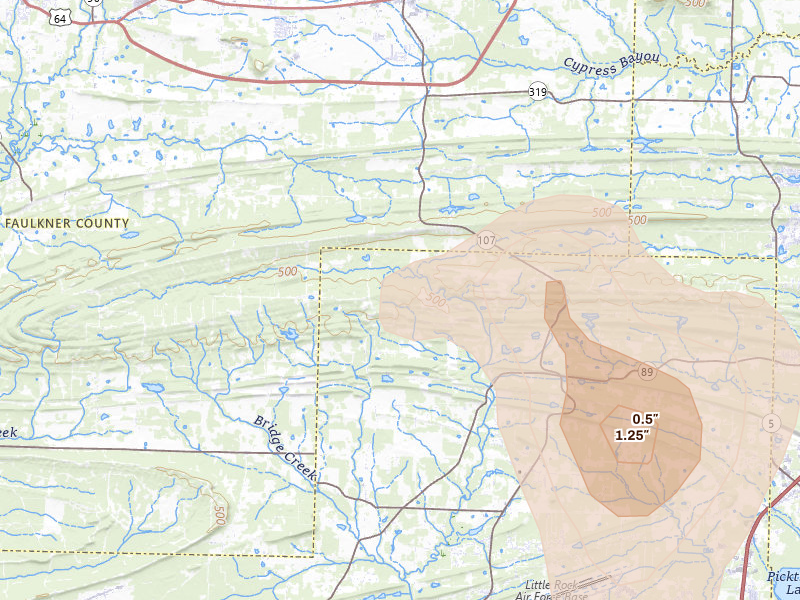 Radar-estimated hail-size map of the storm over Jacksonville, AR on Jul 4, 2026