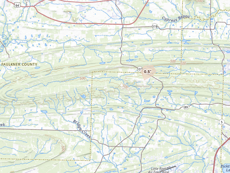 Radar-estimated hail-size map of the storm over Jacksonville, AR on Aug 6, 2026