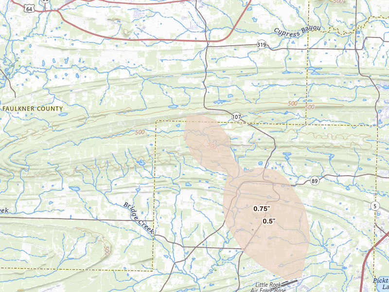 Radar-estimated hail-size map of the storm over Jacksonville, AR on Aug 23, 2026