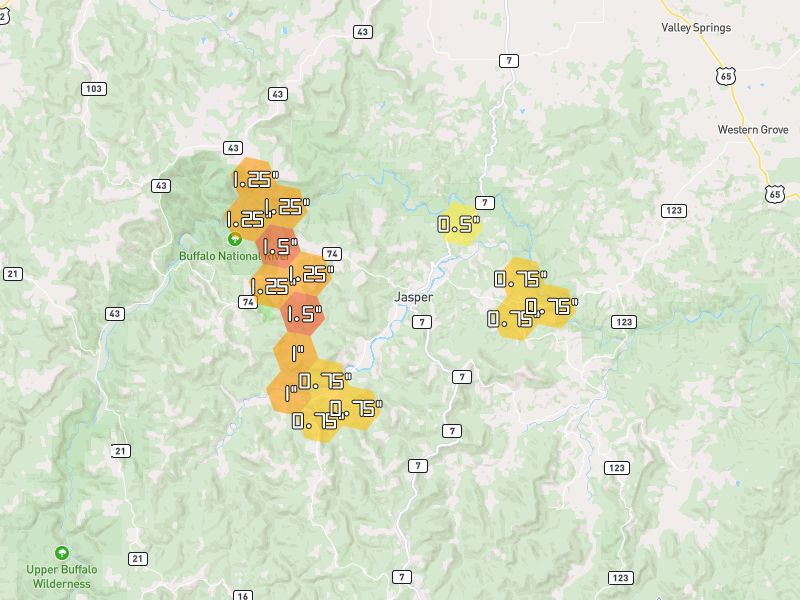 Hail map of Jasper, AR on Jun 1, 2026, hail up to 1.5"