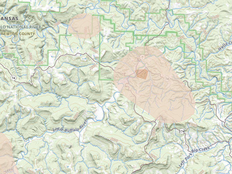 Radar-estimated hail-size map of the storm over Jasper, AR on Aug 6, 2026