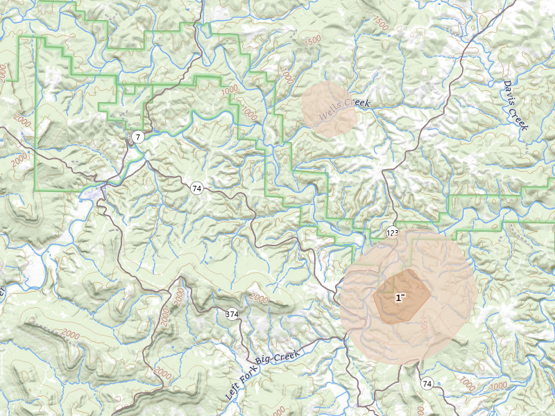 Radar-estimated hail-size map of the storm over Jasper, AR on Aug 7, 2026