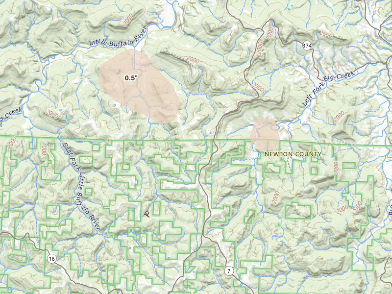 Radar-estimated hail-size map of the storm over Jasper, AR on Aug 23, 2026