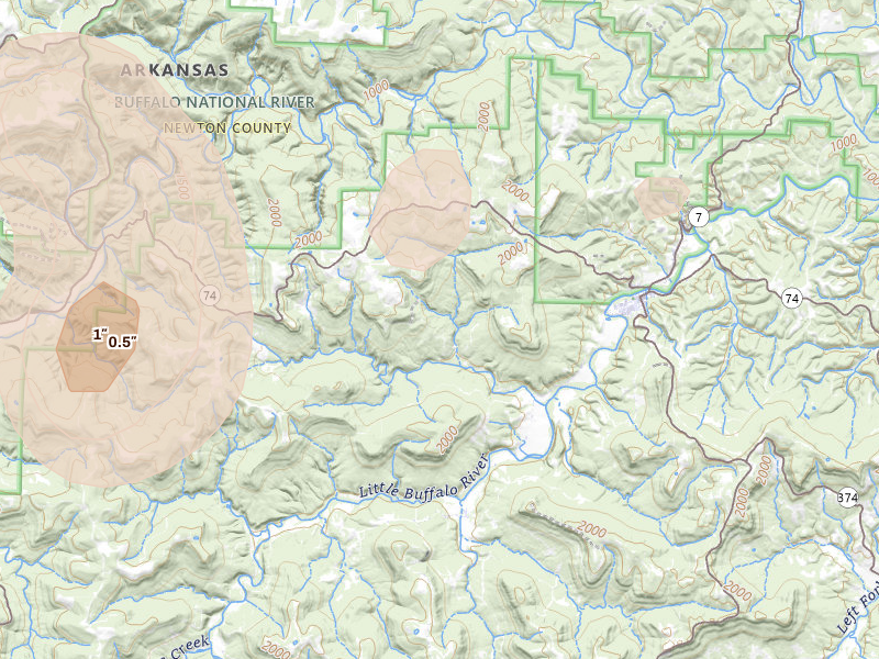 Radar-estimated hail-size map of the storm over Jasper, AR on Aug 26, 2026