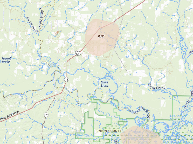 Radar-estimated hail-size map of the storm over Jersey, AR on Jun 1, 2026