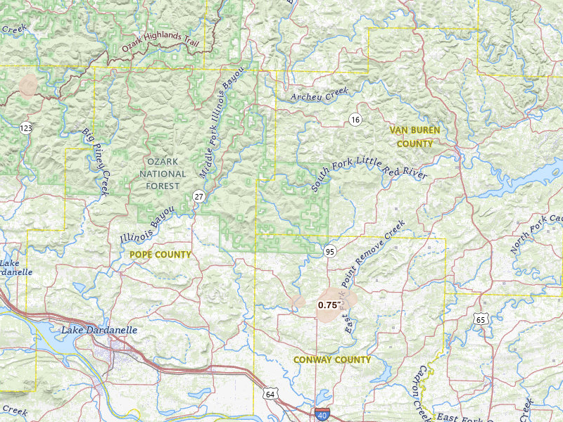 Radar-estimated hail-size map of the storm over Jerusalem, AR on Mar 9, 2026