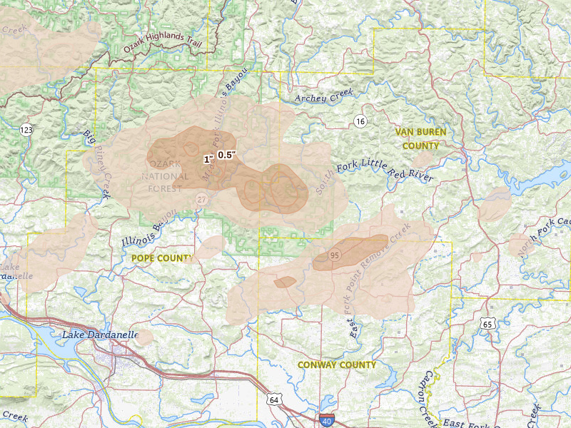 Radar-estimated hail-size map of the storm over Jerusalem, AR on Apr 28, 2026