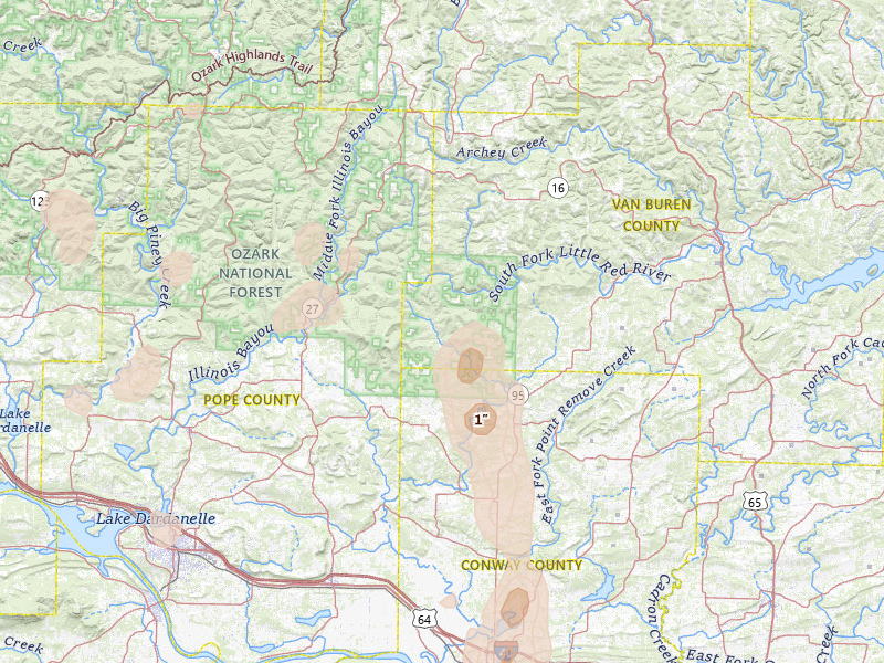 Radar-estimated hail-size map of the storm over Jerusalem, AR on Jul 4, 2026