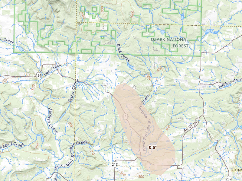 Radar-estimated hail-size map of the storm over Jerusalem, AR on Aug 24, 2026