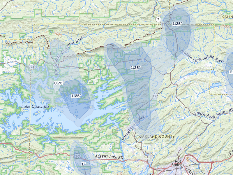 NEXRAD radar-signature map of the hail over Jessieville, AR