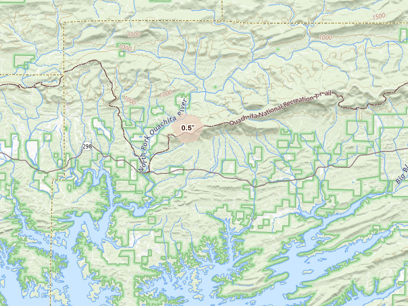 Radar-estimated hail-size map of the storm over Jessieville, AR on Aug 26, 2026