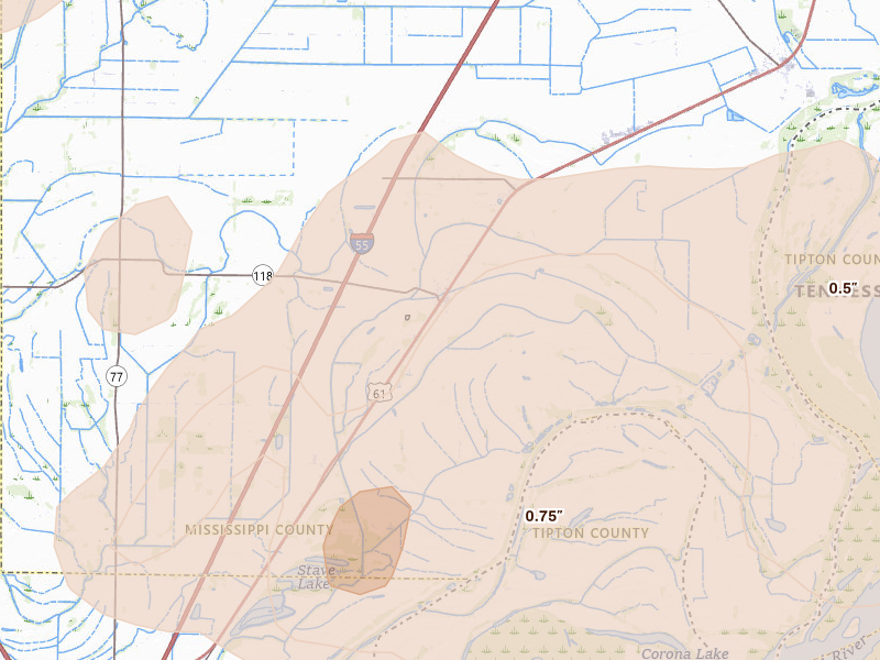 Radar-estimated hail-size map of the storm over Joiner, AR on Apr 27, 2026