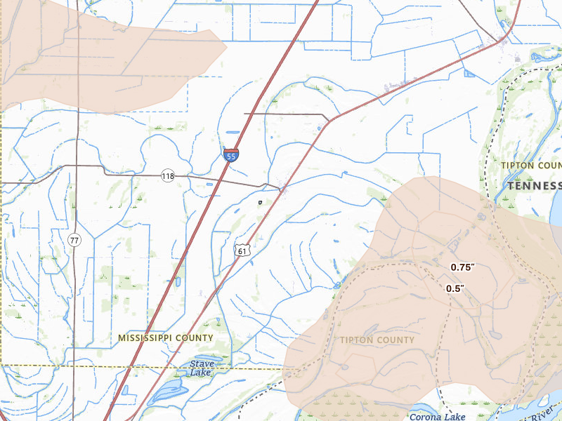 Radar-estimated hail-size map of the storm over Joiner, AR on Jun 13, 2026