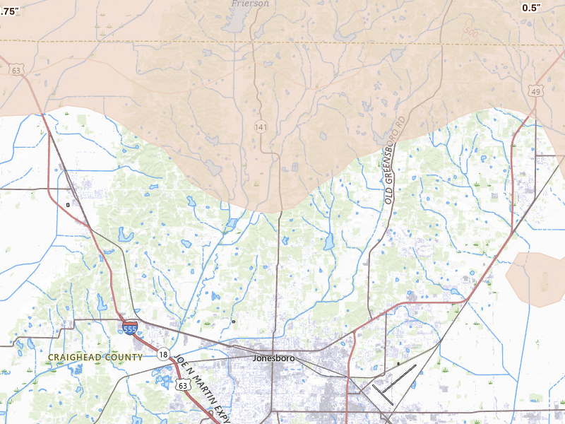 Radar-estimated hail-size map of the storm over Jonesboro, AR on Apr 27, 2026