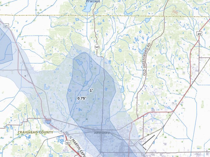 NEXRAD radar-signature map of the hail over Jonesboro, AR