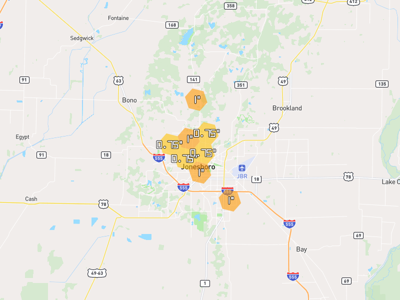 Hail map of Jonesboro, AR on Jun 1, 2026, hail up to 1"