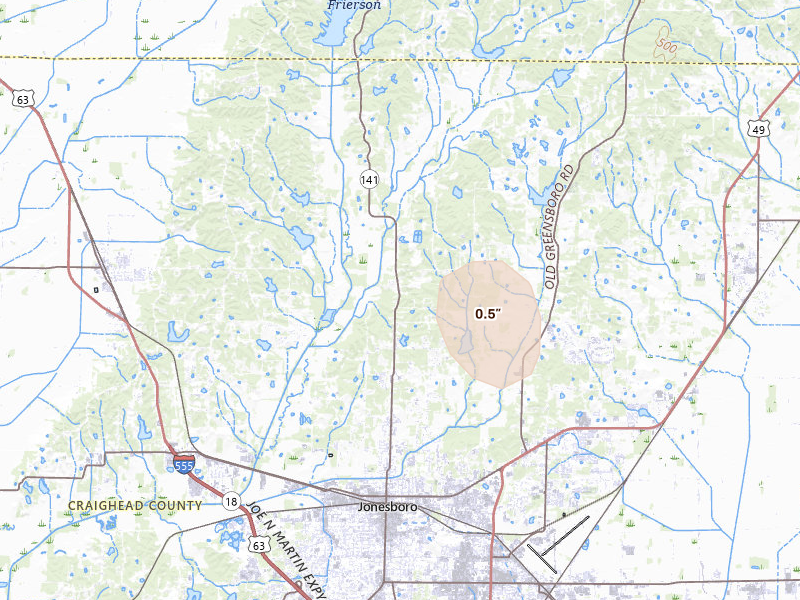 Radar-estimated hail-size map of the storm over Jonesboro, AR on Jul 7, 2026