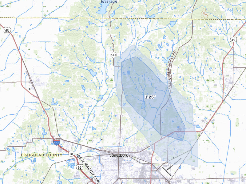 NEXRAD radar-signature map of the hail over Jonesboro, AR
