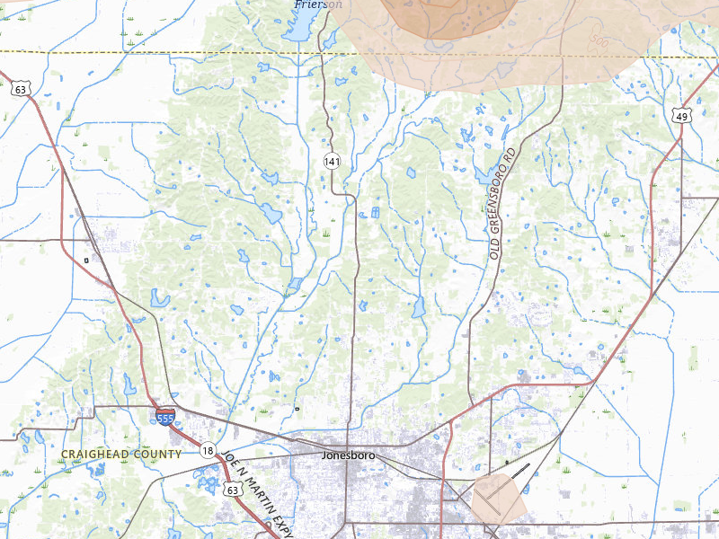 Radar-estimated hail-size map of the storm over Jonesboro, AR on Jul 11, 2026